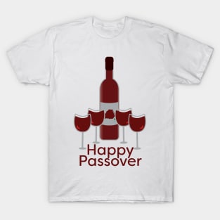 Happy Passover Greeting with Wine Bottle and Four Glasses T-Shirt